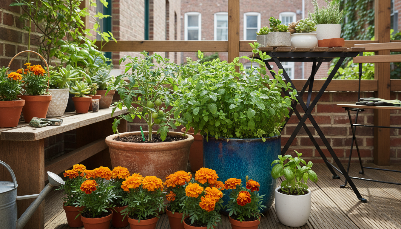 A dirt-smudged hand gently supports a branch of a compact cherry tomato plant, growing with basil and marigolds in a terracotta pot on a sunny balcony