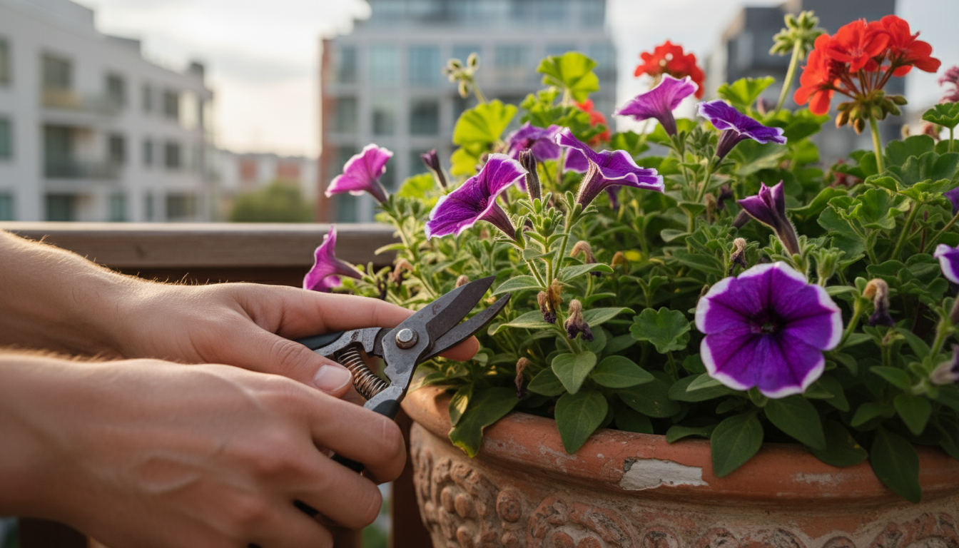 An overcrowded rectangular balcony planter with a tall tomato plant overshadowing pale, leggy basil. Leaves show powdery mildew, yellowing, and dry so