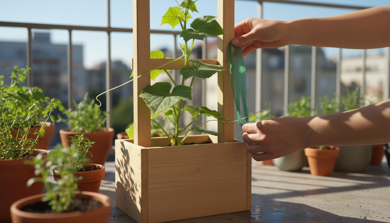 A compact bush cucumber plant with a bamboo trellis in a terracotta pot on a sunny patio, laden with green cucumbers.