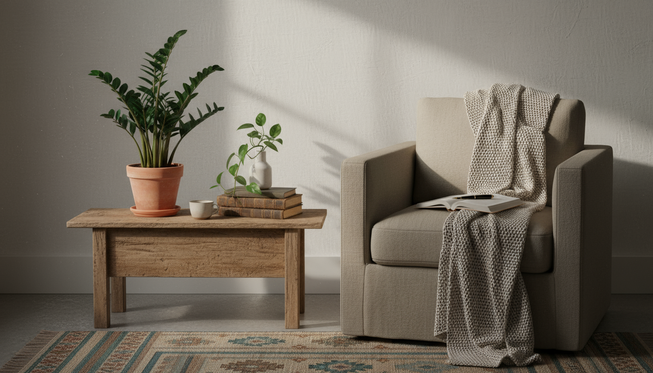 Hands scoop dark compost from a compact indoor composter on a sunlit balcony table, next to repurposed pots holding plant cuttings.