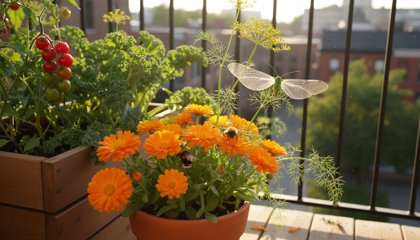 Terracotta pot on an urban patio with a tomato plant, basil, radish leaves, and trailing nasturtium, demonstrating interplanting.