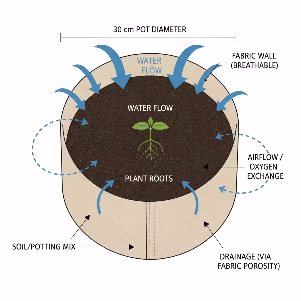 Fabric grow bag diagram: 30cm pot, fabric sides, soil, plant, & bottom seam. Arrows show water draining through breathable fabric.