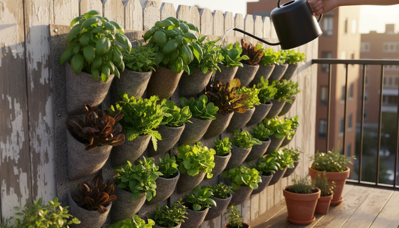 Overhead view of a fabric pocket planter on a wooden fence, filled with vibrant herbs being watered by hands with a black watering can.