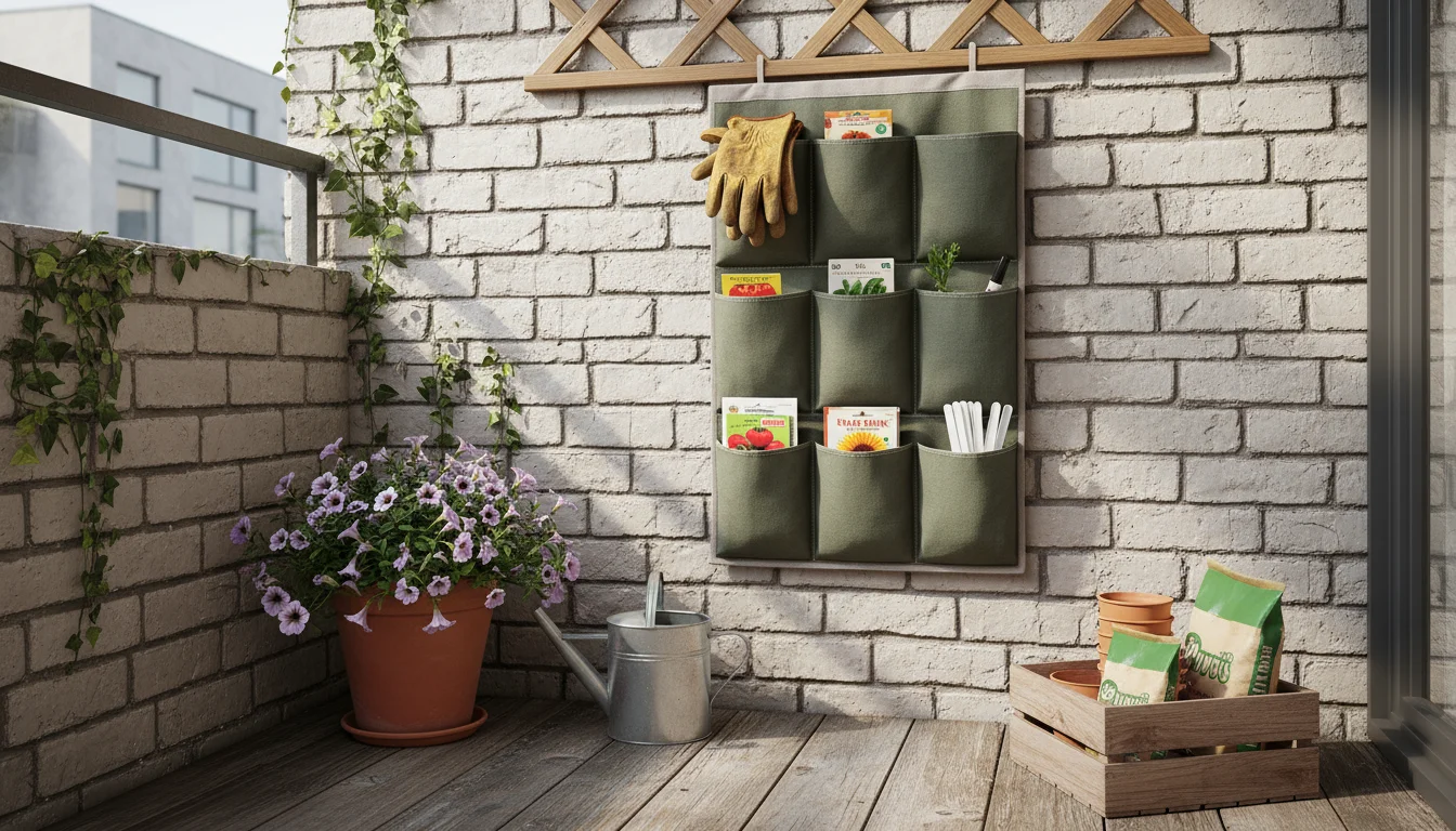 A fabric shoe organizer hangs on a wall with gloves and seed packets. Below, a coffee can holds hand tools, and a magazine holder stores stakes.