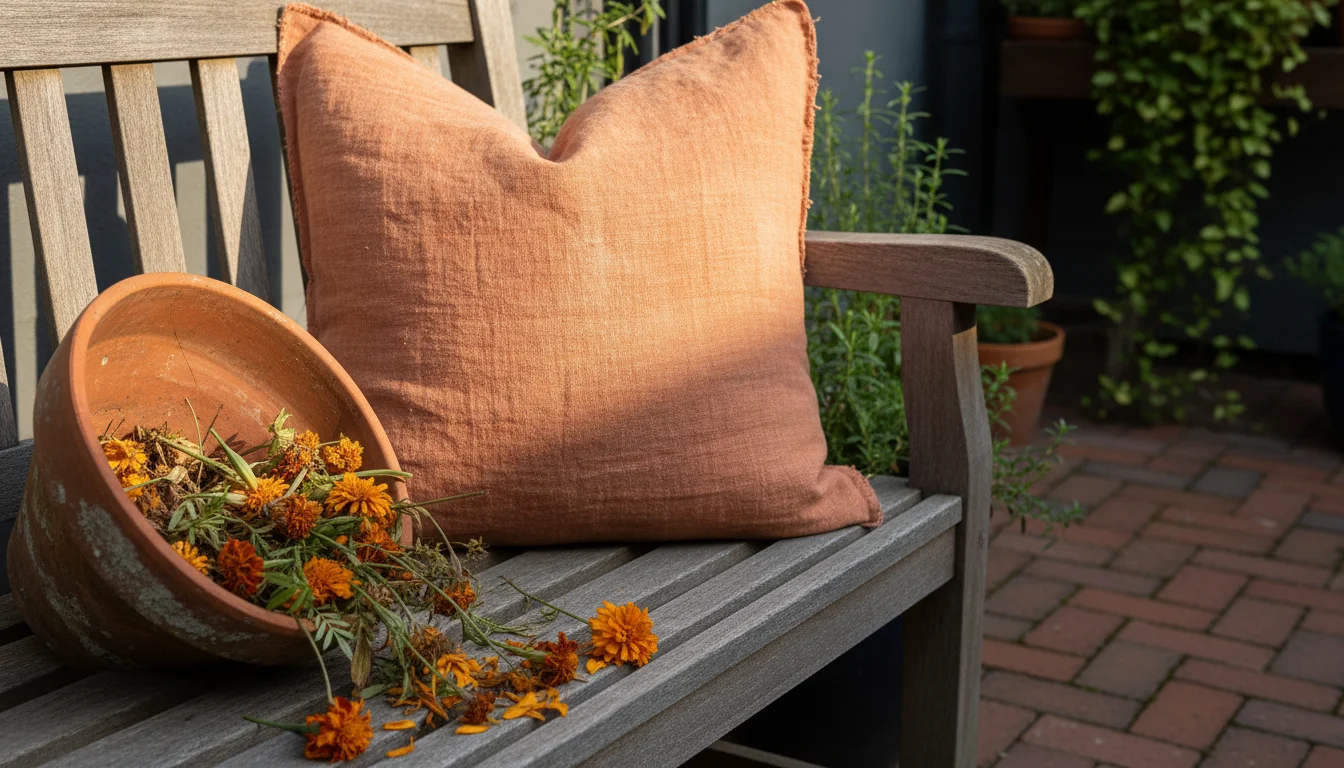 A faded antique-orange natural dye throw pillow sits on a weathered wooden bench next to a pot of drying marigolds.