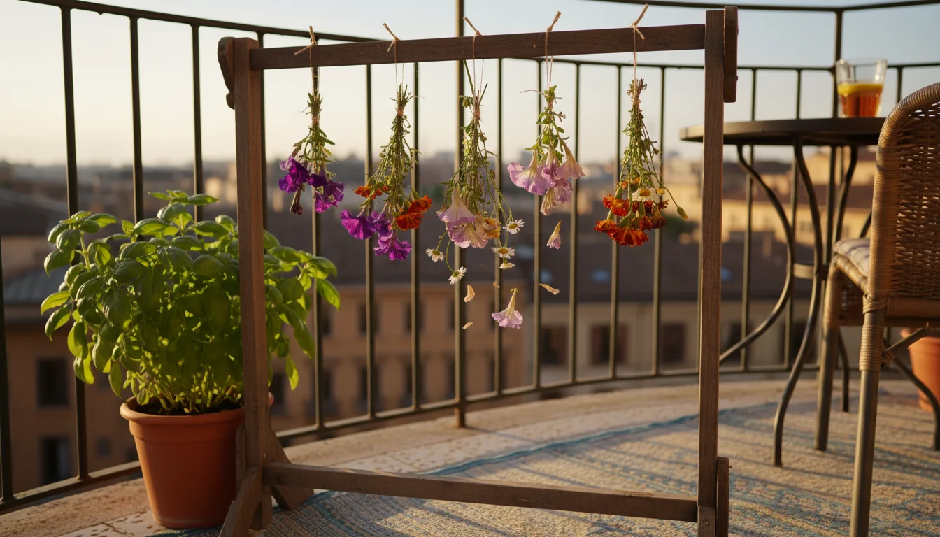 Faded and browning summer flowers, including petunias and marigolds, hanging upside down in direct sun on an urban balcony.