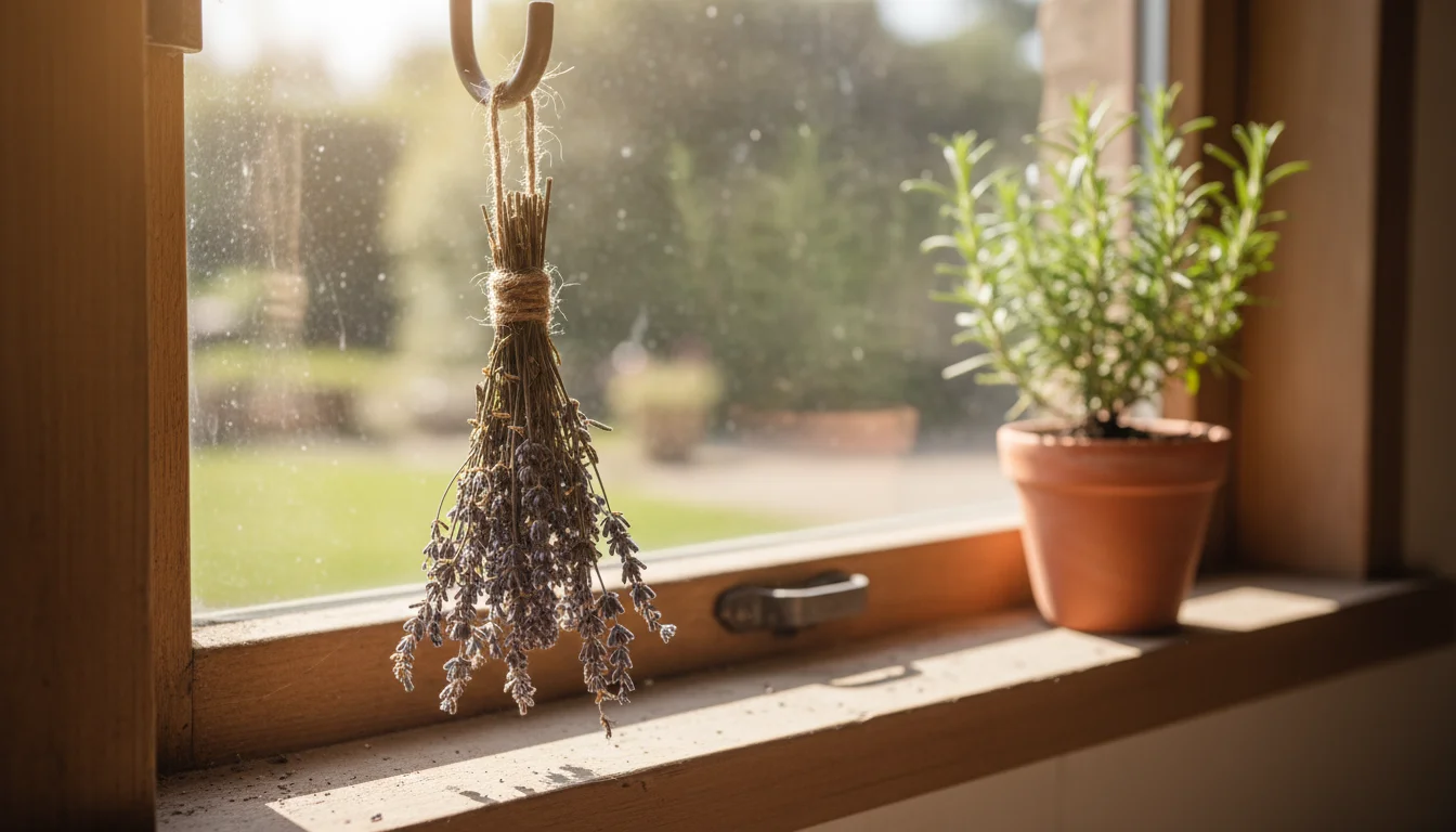 A faded, dull brown lavender bundle hanging by twine in a bright, sunlit kitchen window, next to a vibrant green rosemary plant on the sill.