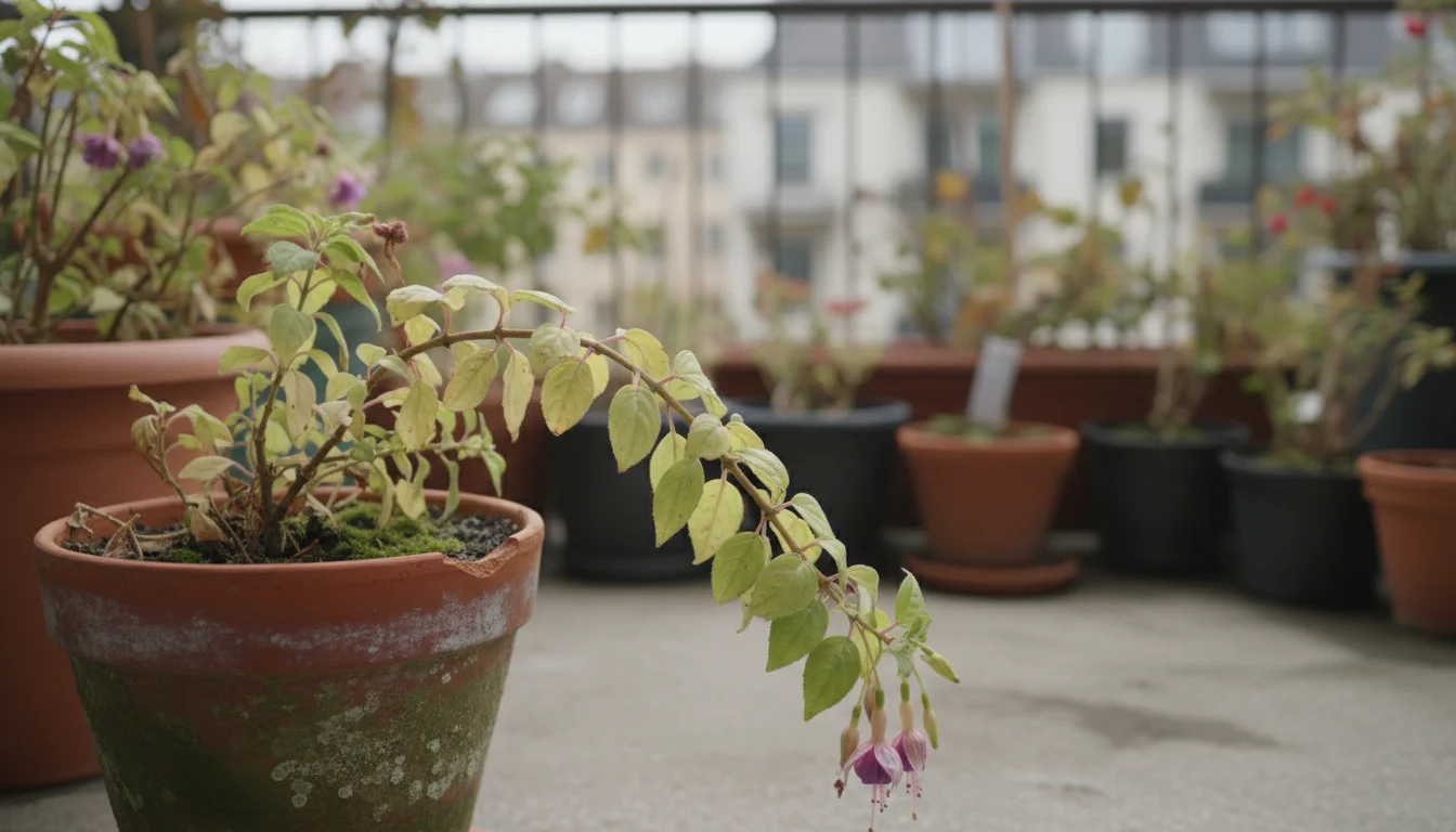 A fading fuchsia or petunia in a terracotta pot on a balcony, its yellowing leaves and sparse blooms showing signs of winter dormancy.