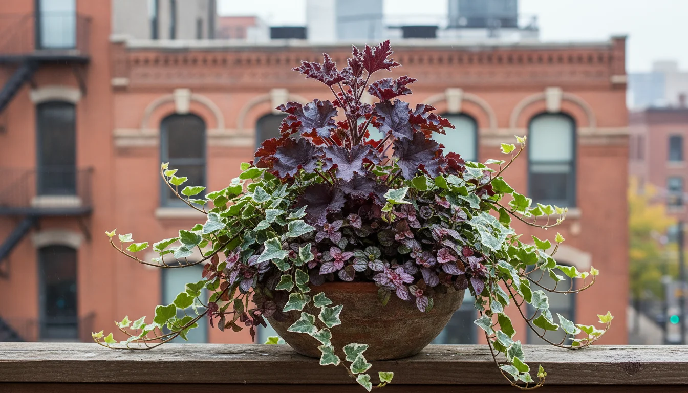 A fall balcony container arrangement with dark purple Heuchera, variegated ivy, and burgundy ajuga on a weathered wood railing.