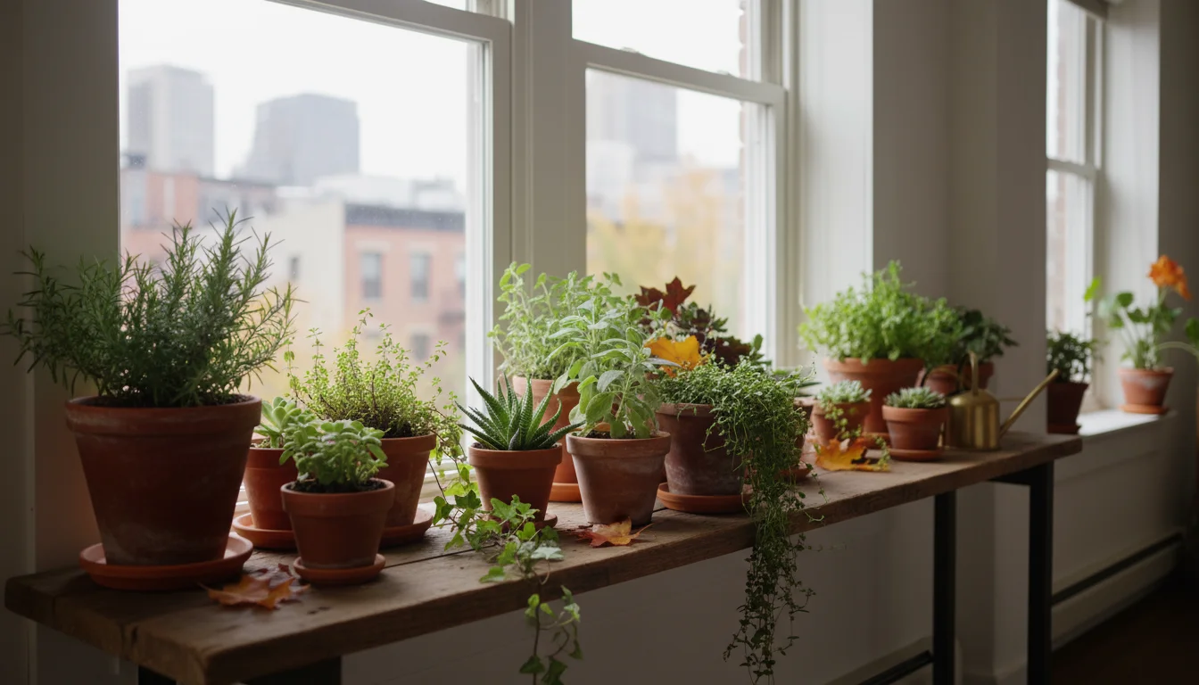 Fall centerpiece with potted herbs and succulents sitting in a brightly lit indoor spot by a window, receiving soft indirect light.
