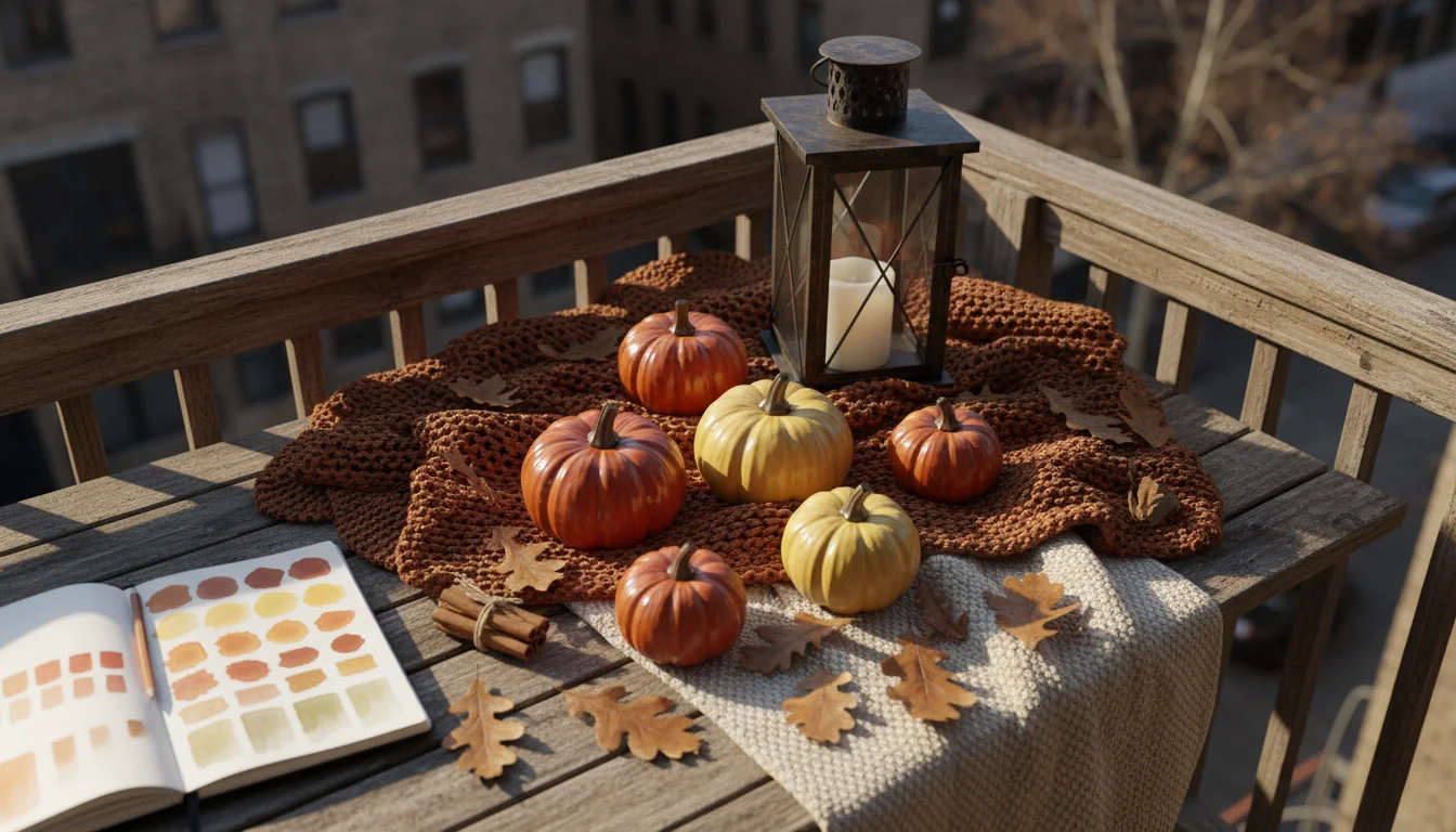 Overhead view of fall decor items on a small balcony table, including throws, ceramic pumpkins, lantern, dried leaves, and color swatches.