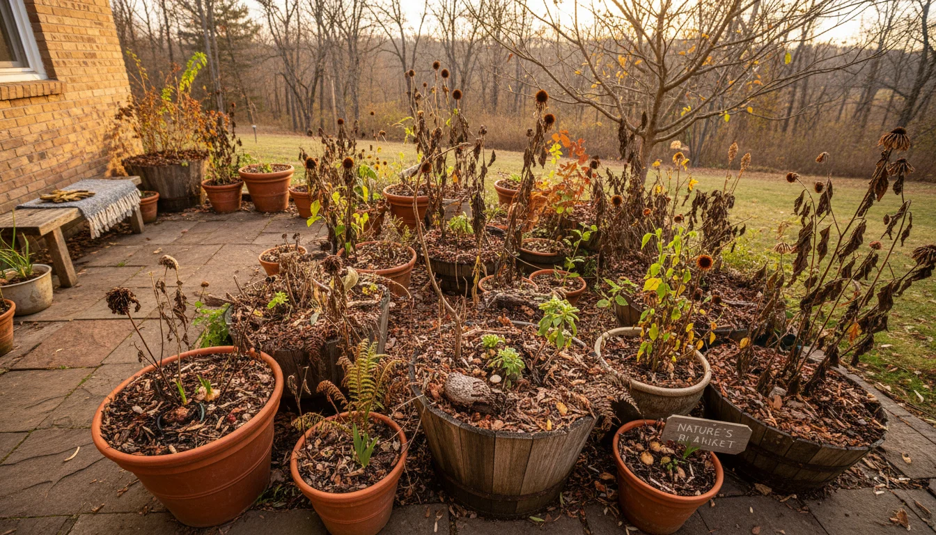 A wide view of a fall patio garden. Containers and a small bed show soil covered in chopped plant debris and leaves, a 'living garden' look.