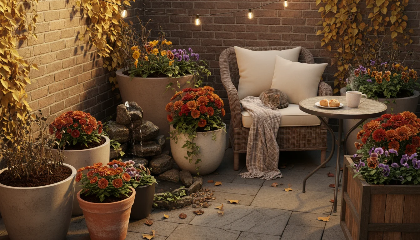 An inviting fall patio with a mix of container gardens, some holding spent summer plants, others refreshed with new soil or cool-season blooms.