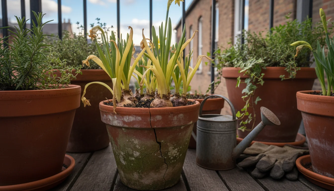 Close-up of fall-planted bulb foliage in a terracotta pot on an urban balcony, showing leaves naturally fading from green to yellow and brown.