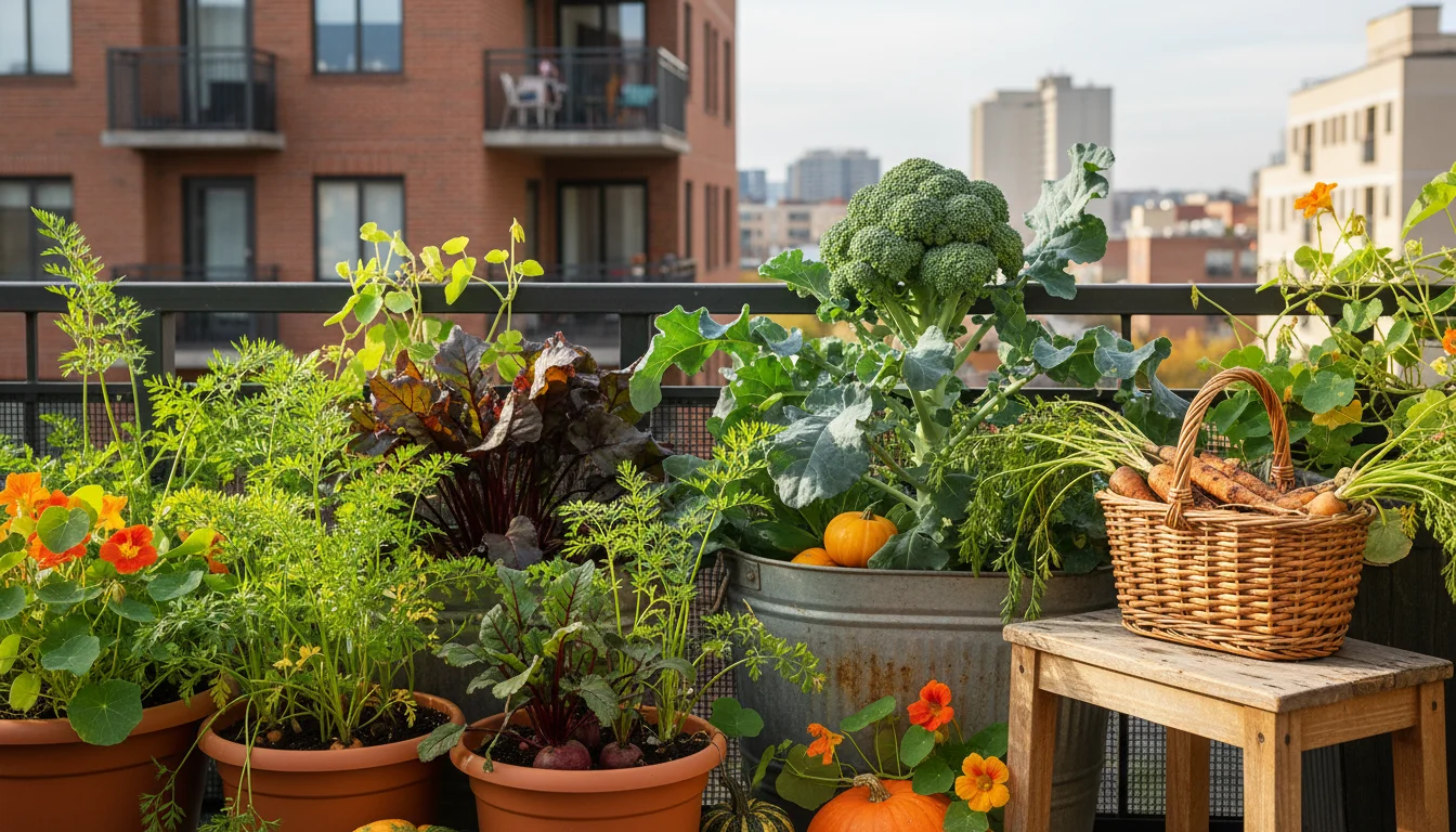 Fall vegetables in containers: carrots with green tops, beets with greens, broccoli. A basket of harvested tops and stems sits on a stool.