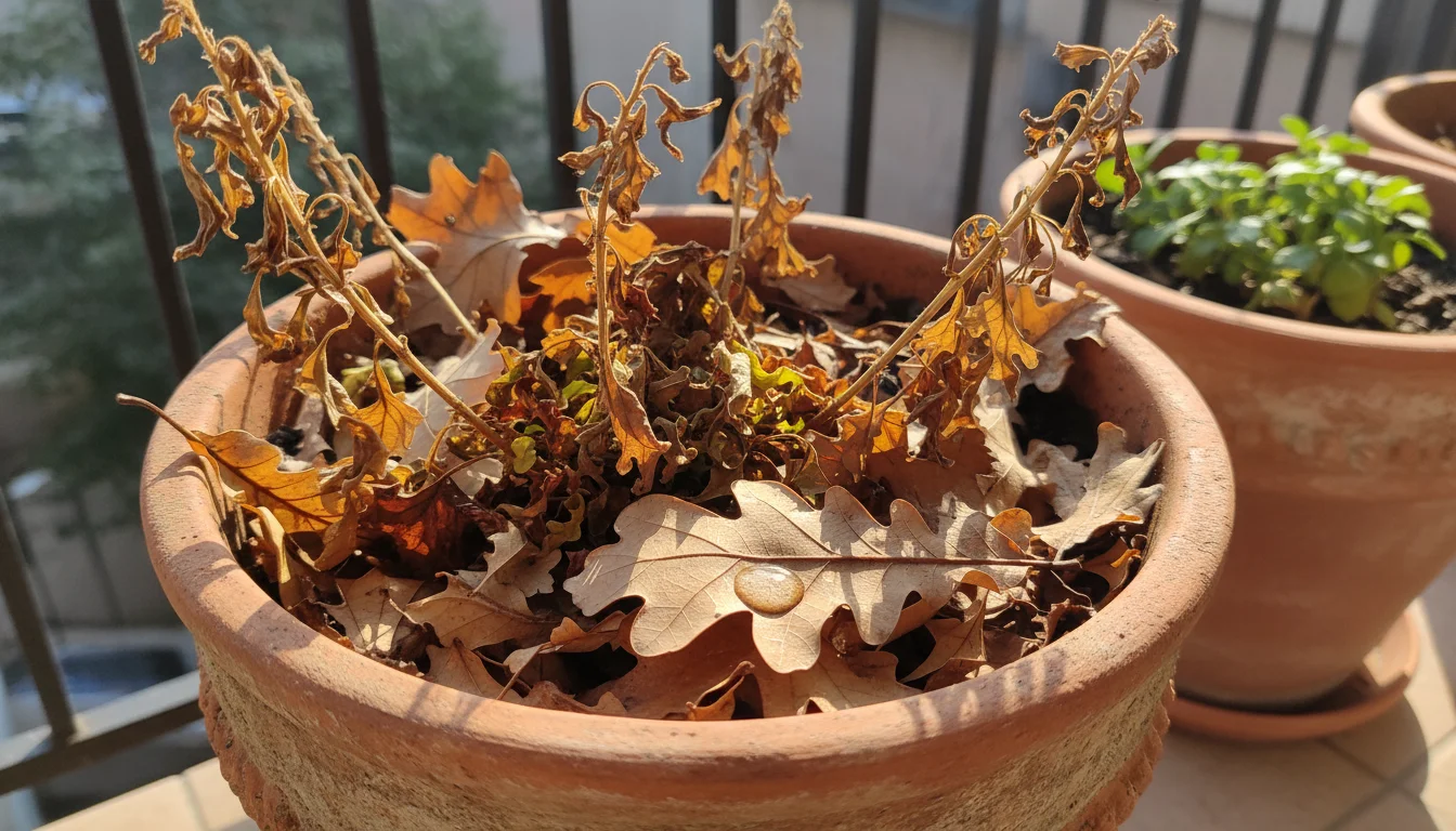 Close-up of fallen autumn leaves and dried plant debris covering the soil in a terracotta pot on a balcony.