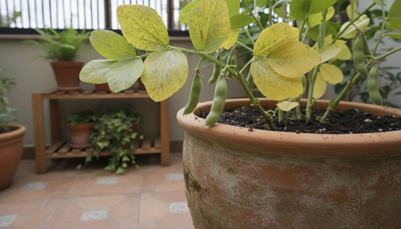 A fava bean plant with noticeable yellowing leaves in a terracotta pot on a patio, surrounded by other potted plants.