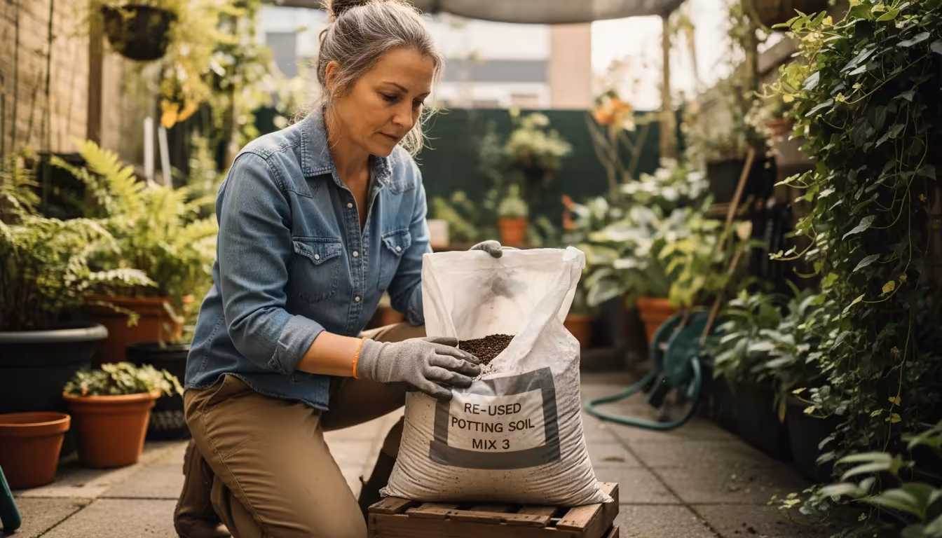 Female gardener with thoughtful expression, kneeling by a large, labeled bag of stored potting mix on a compact patio.