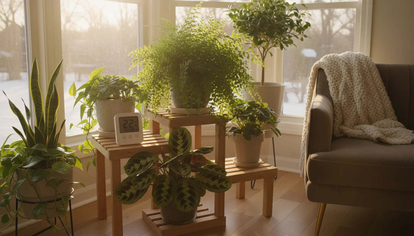 A fern with crispy leaf edges and a prayer plant with curled leaves sit near a digital hygrometer showing 22% humidity in a bright indoor space.
