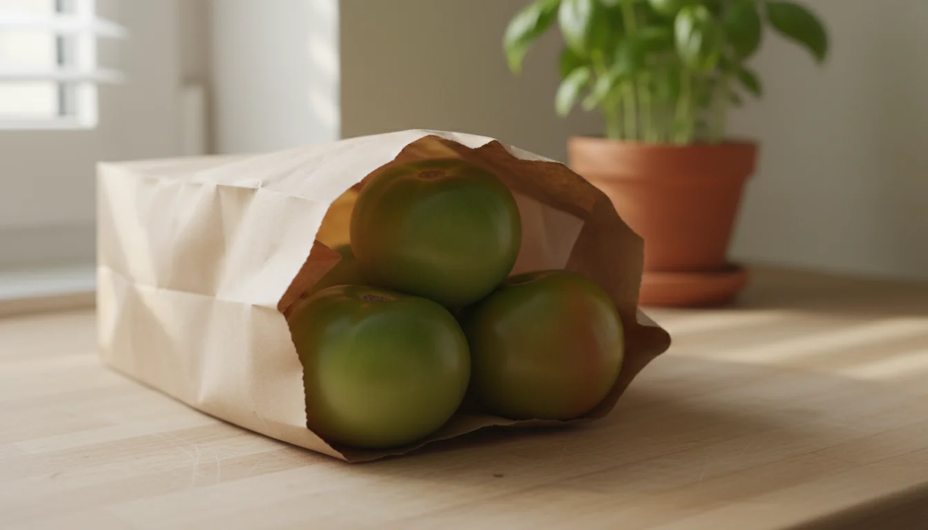 A few green tomatoes are inside an open brown paper bag on a kitchen counter, with a blurred potted herb in the background.