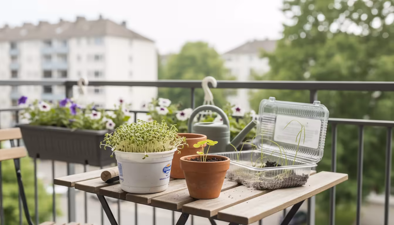 A few struggling seedlings in mismatched pots on an apartment balcony table, with overcrowded, leggy plants and one collapsed seedling in overly wet, 