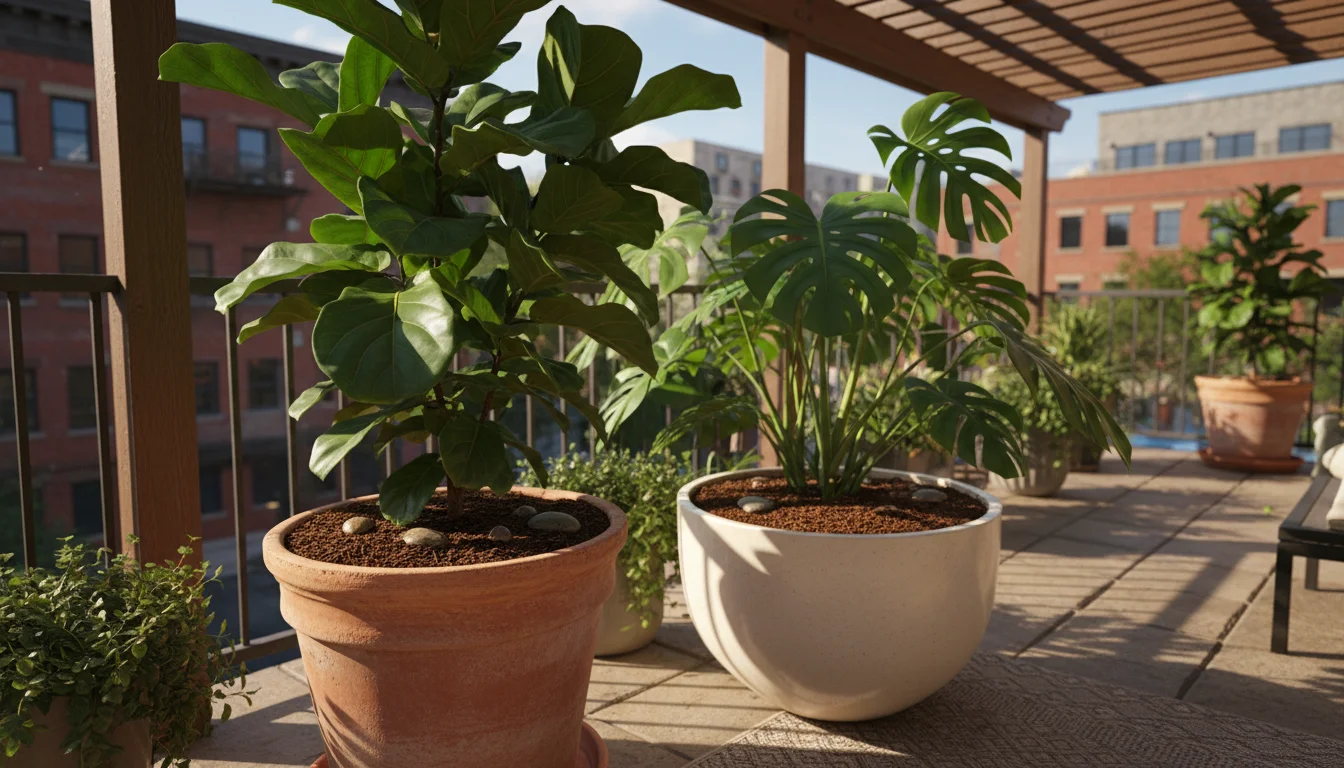 A Fiddle Leaf Fig and Monstera plant thrive in large pots on a sunlit urban patio, their soil well-maintained.