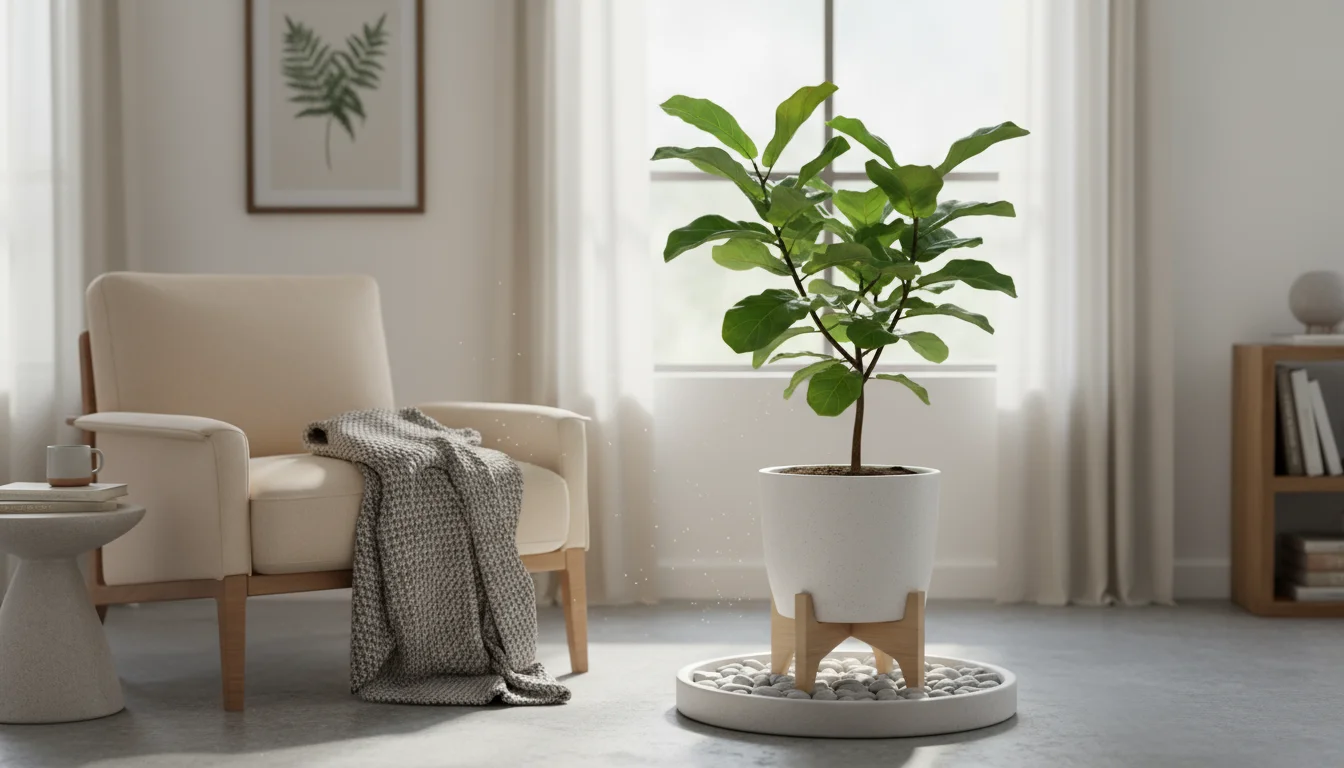 A fiddle leaf fig plant on a pebble tray on a stand, placed near an east-facing window with soft, indirect light.
