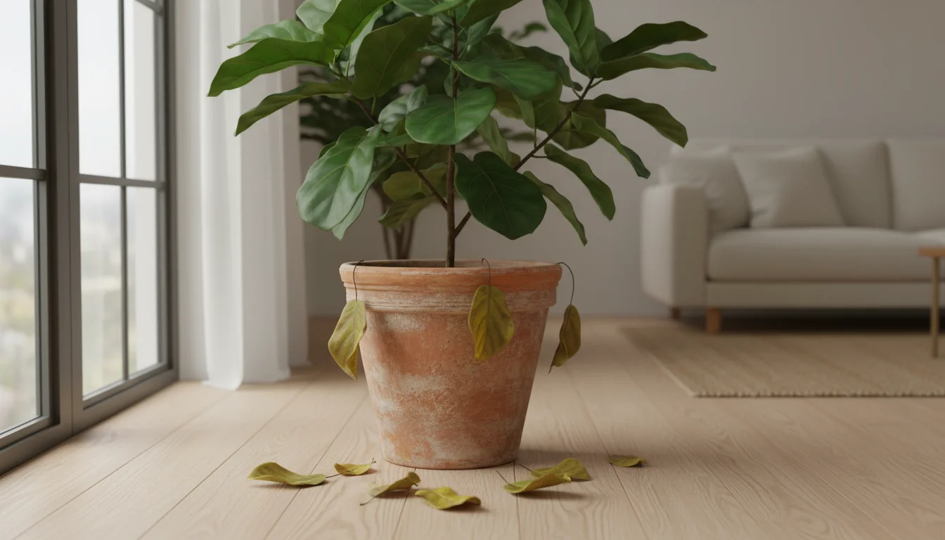 A medium Fiddle Leaf Fig in a terracotta pot with yellowing leaves and brown fallen leaves at its base, indoors near a diffused window.