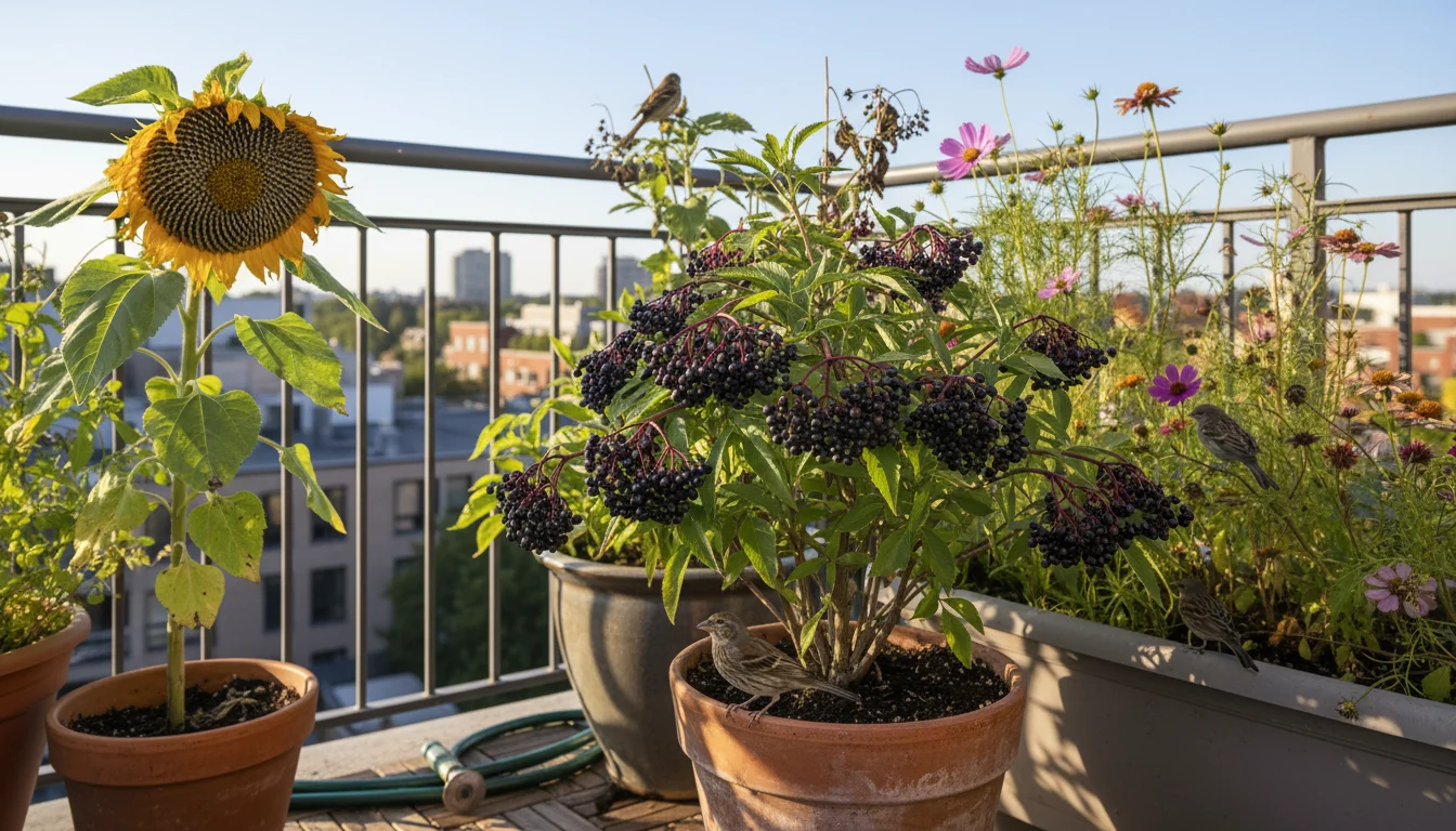 A finch perches on a pot in an urban balcony garden, near an elderberry shrub bearing dark purple berries.