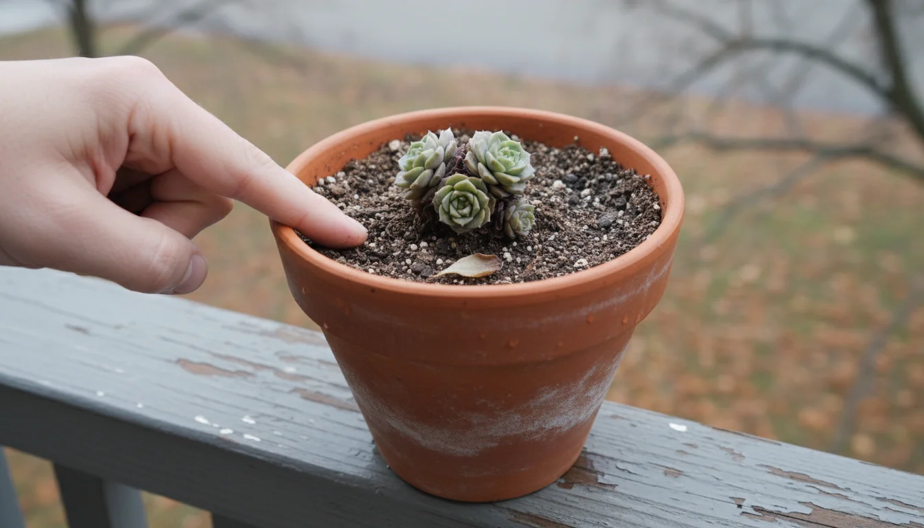 Close-up of a finger testing the soil in a terracotta pot on a balcony railing, with blurred fall leaves in the background.