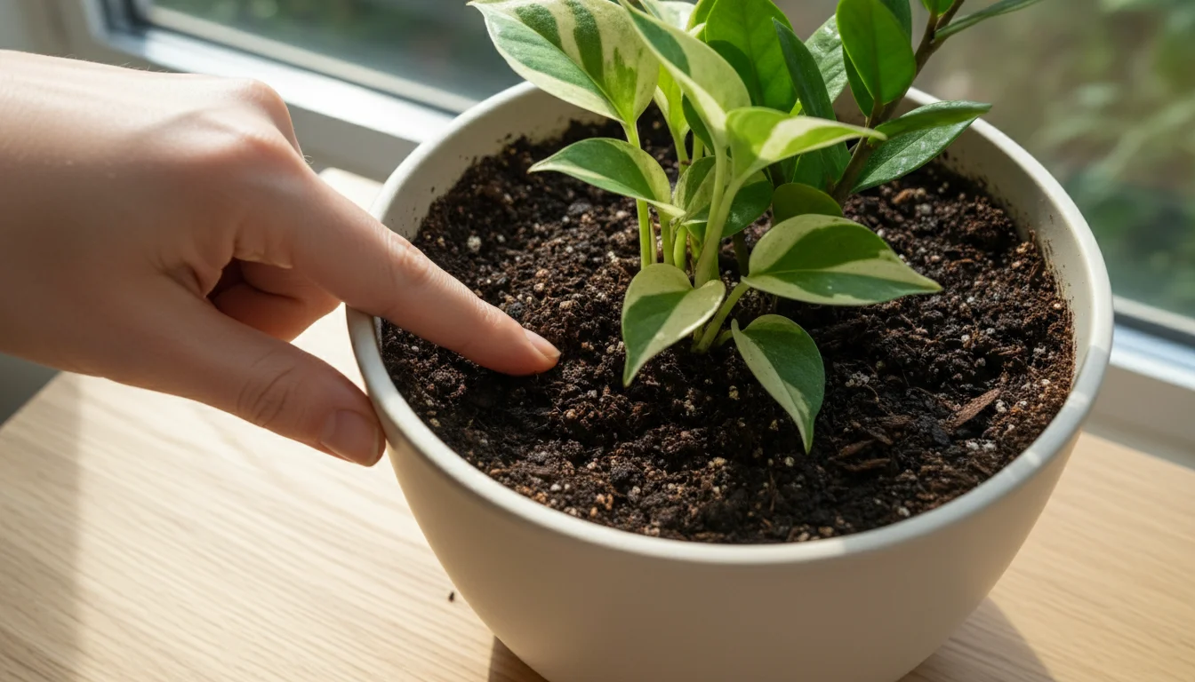 A finger gently tests the soil moisture of a healthy houseplant in a ceramic pot, illustrating the 'finger test' for flexible watering.