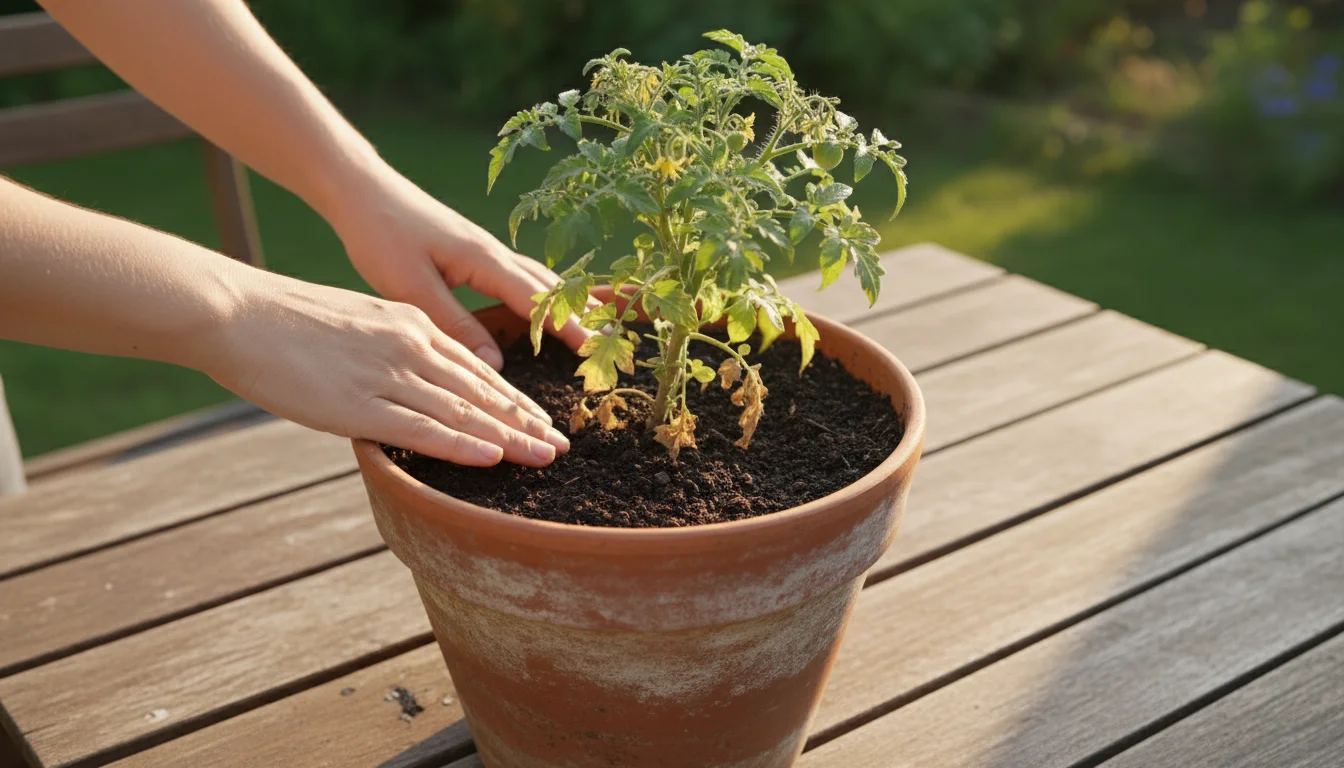 Overhead view of fingers checking soil moisture in a terracotta pot with a container vegetable plant showing yellowing lower leaves.