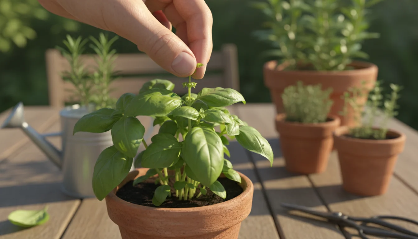 Fingers pinching the top leaves of a healthy green basil plant in a terracotta pot.