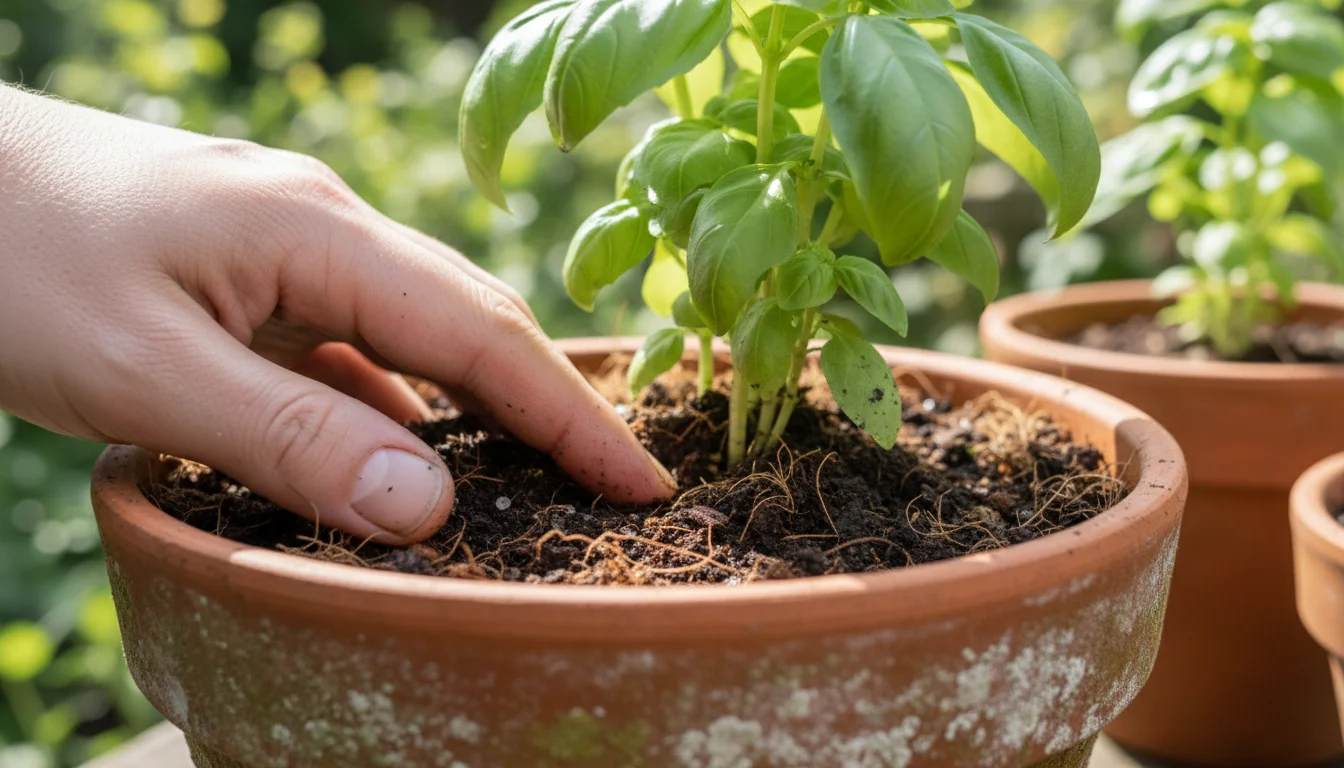 Close-up of fingers pressing into coco coir-amended soil in a terracotta pot, showing moist, fibrous texture. Basil plant, balcony background.