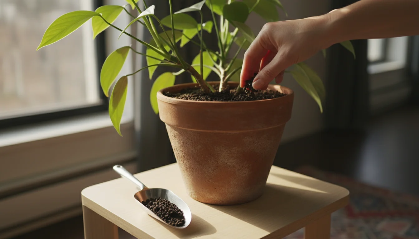 Close-up of fingers gently raking worm castings into the soil of an indoor plant in a terracotta pot on a sunlit stand.
