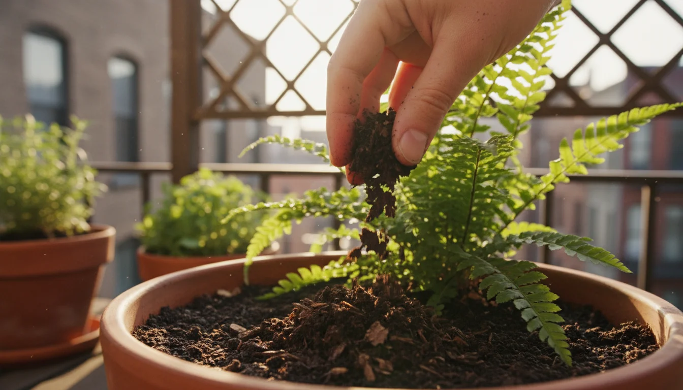 Fingertips gently crumbling dark, moist leaf mold onto the soil of a potted fern on a sunny balcony.