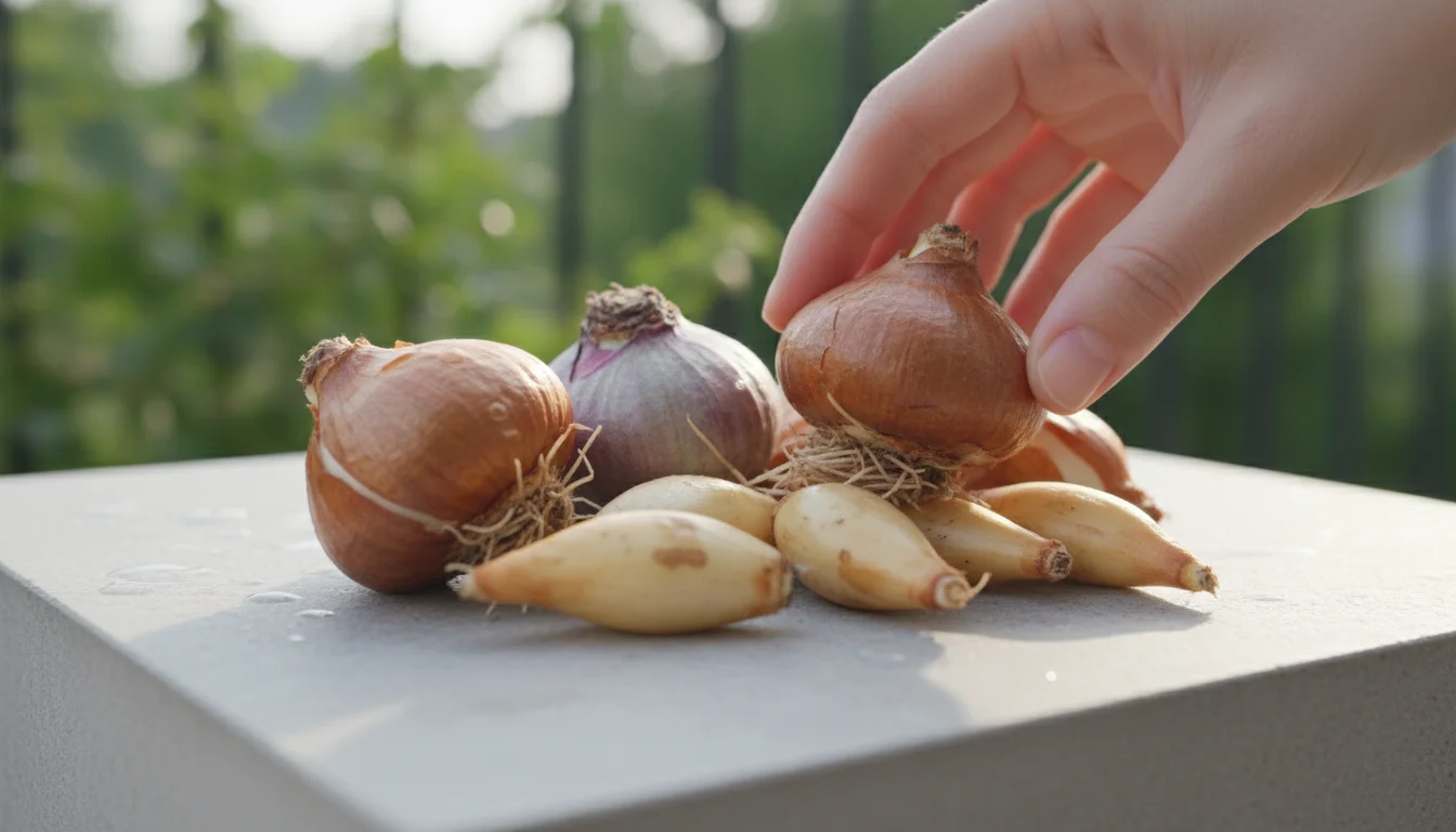 Close-up of firm tulip, hyacinth, and daffodil bulbs on a light stone slab, with a hand inspecting a hyacinth bulb.