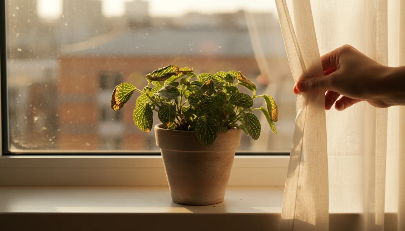 A Fittonia plant in a pot on a windowsill, displaying brown, crispy spots on its leaves. A hand is pulling a sheer white curtain.