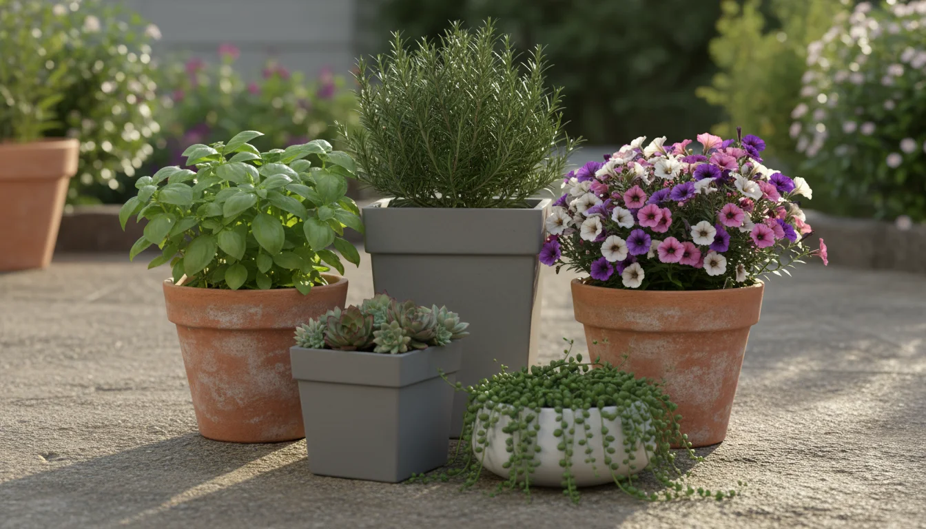 Five mixed container pots, varying in height and shape, grouped closely on a patio. They contain herbs, flowers, and succulents.