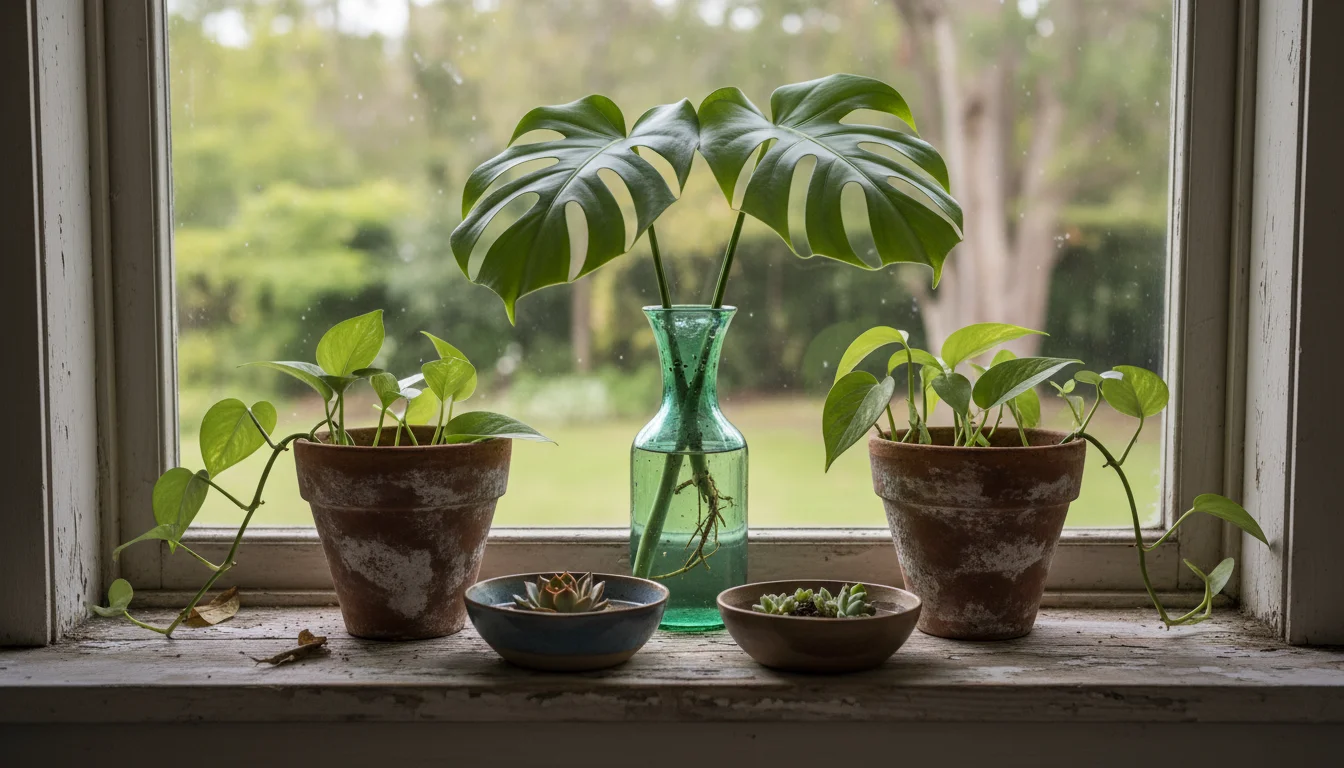 Five plant propagation containers of varying heights and types arranged on a rustic windowsill, showing layered composition.