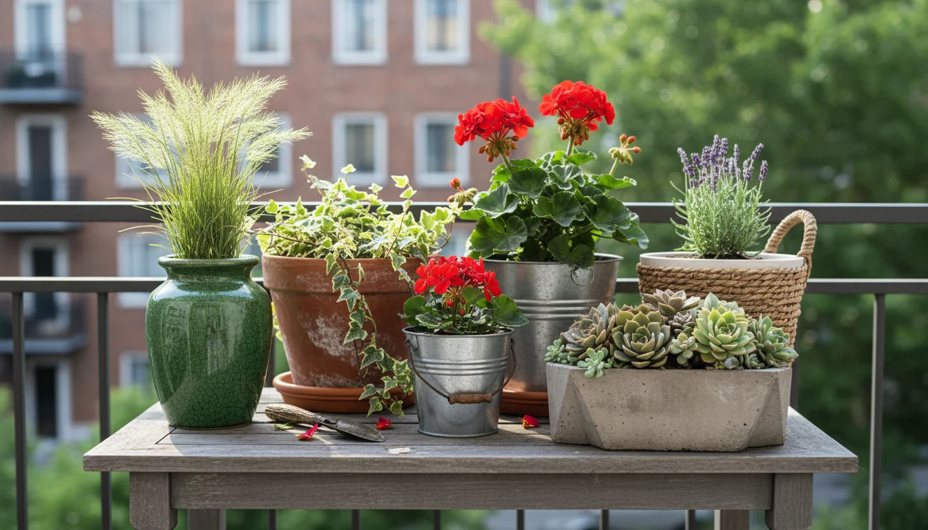 Five varied potted plants—tall grass, trailing ivy, flowering plant, coleus, succulents—grouped artfully on a balcony side table at golden hour.