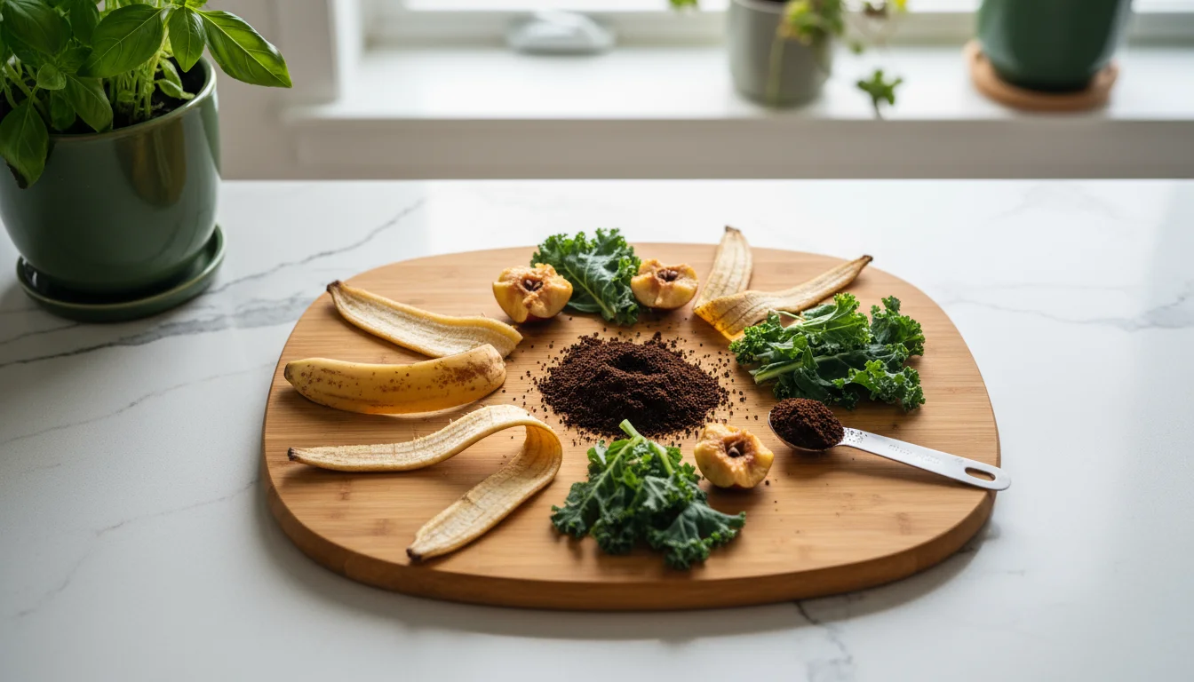 Flat lay of chopped banana peels, apple cores, kale stems, and coffee grounds on a bamboo cutting board near an indoor worm bin.