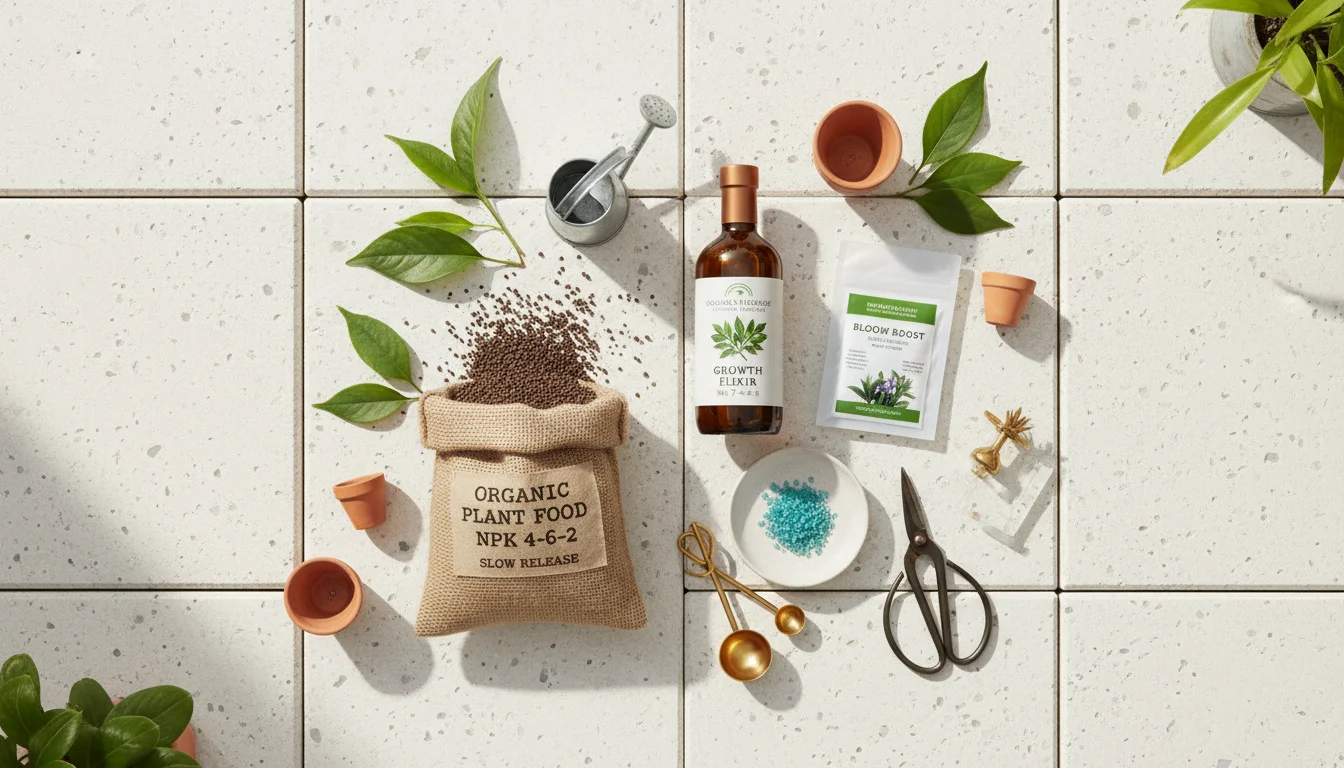 Flat lay of granular, liquid, and slow-release fertilizer products with visible labels, arranged on a light patio surface with gardening tools.