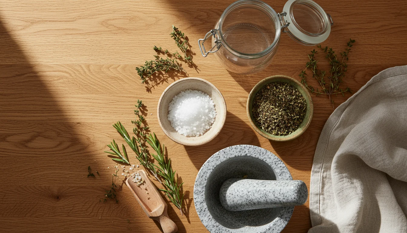 Flat lay: mortar and pestle, bowl of coarse sea salt, crushed dried herbs, and an empty glass jar on a wooden counter, ready for use.