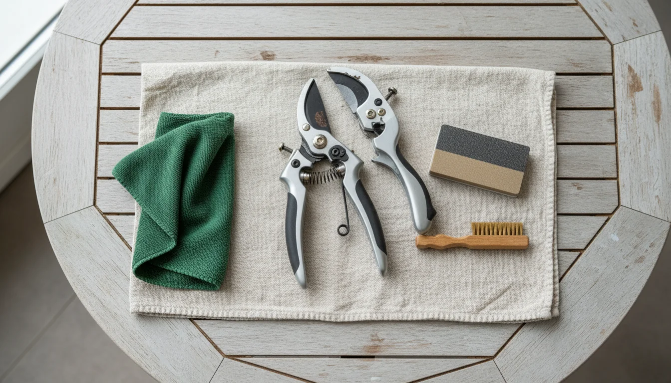 Flat lay of partially disassembled bypass pruners on a linen cloth, with a sharpening stone, wire brush, and cleaning cloth on a patio table, blurred
