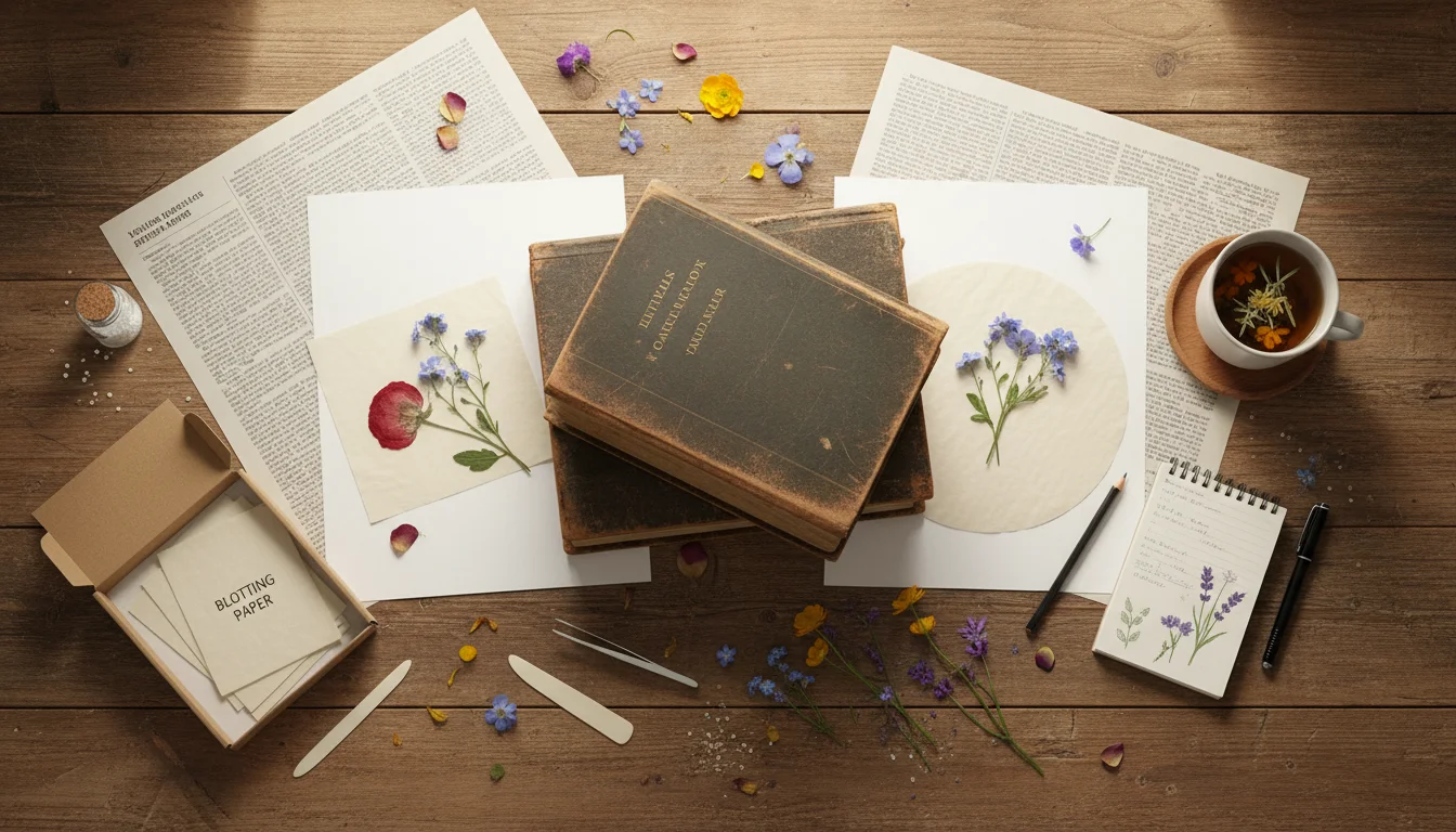 An overhead view of flower pressing tools on a wooden table: heavy books, absorbent paper, cardboard, parchment paper, and colorful fall container flo