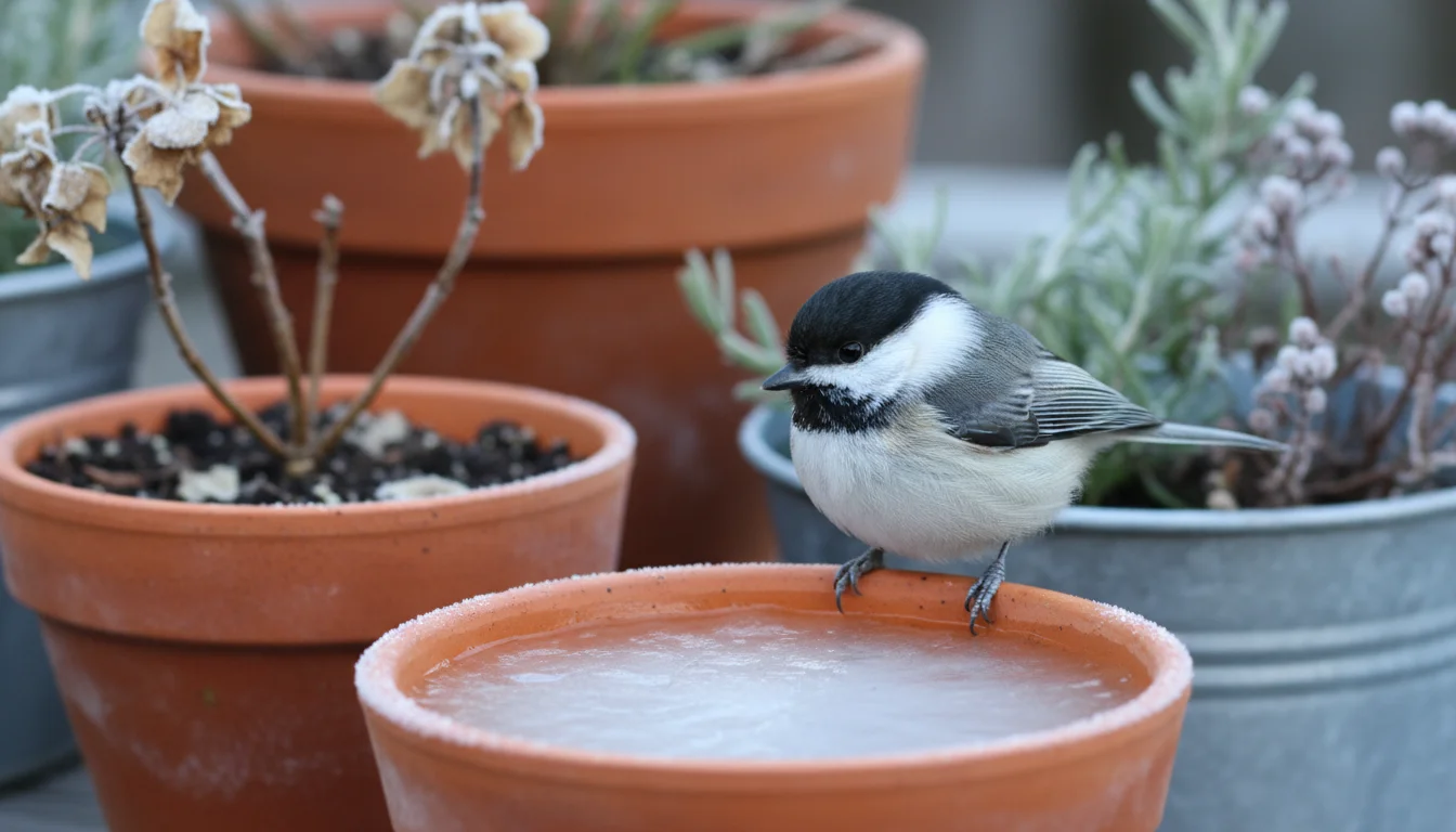 A fluffed chickadee on a frosty terracotta pot rim, looking at a saucer with inaccessible ice on a winter balcony.