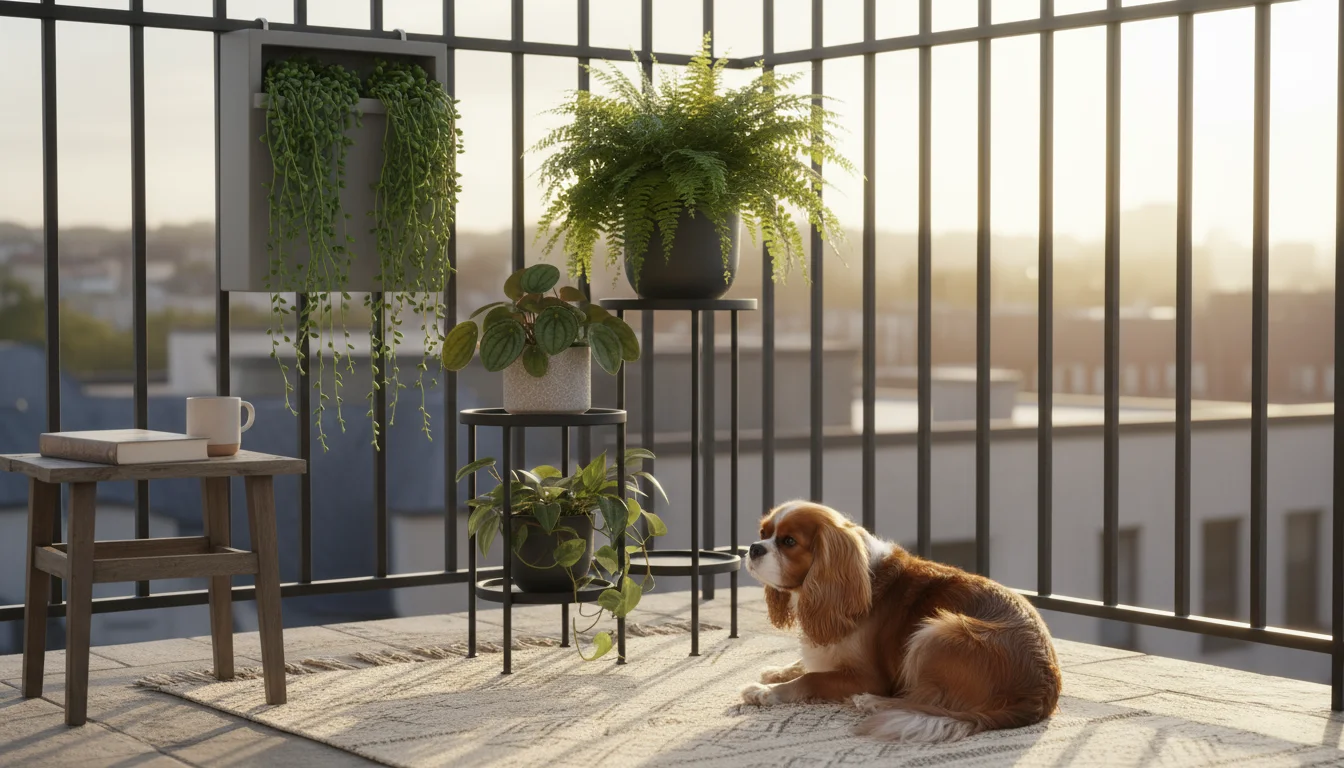 A fluffy Cavalier King Charles Spaniel dog rests on a rug, observing a multi-tiered plant stand and a wall-mounted vertical planter on a small balcony