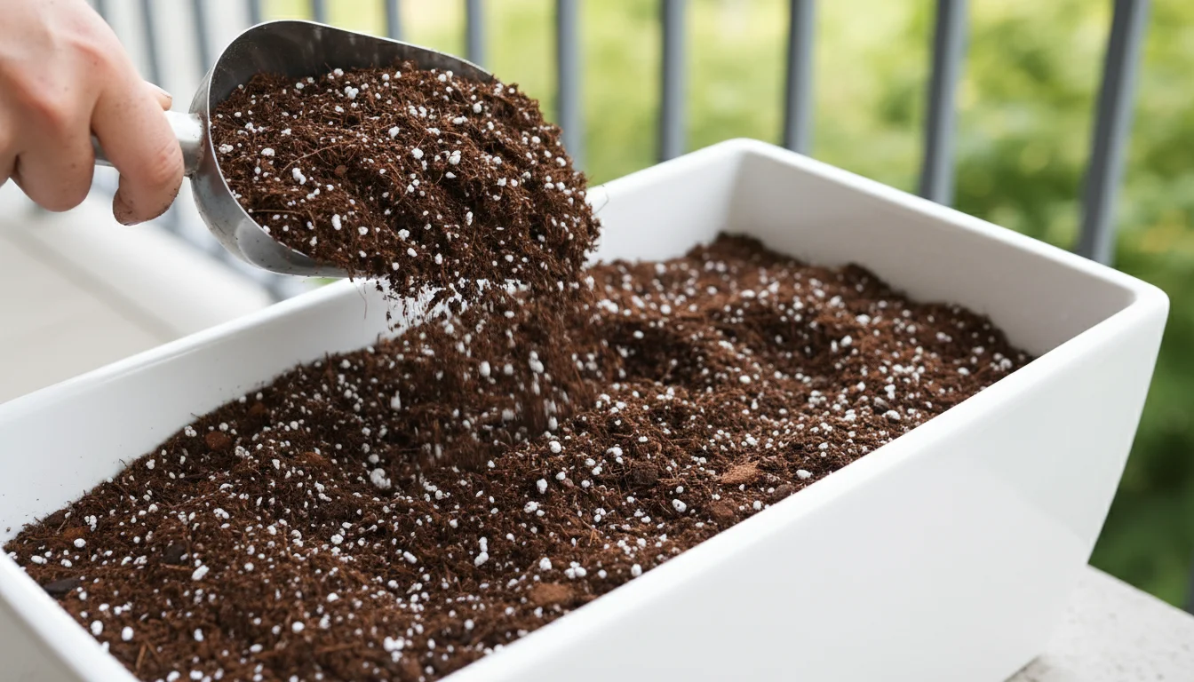 Close-up of fluffy, dark potting mix with white perlite particles being poured into a small, modern ceramic pot by a gardener's hand.
