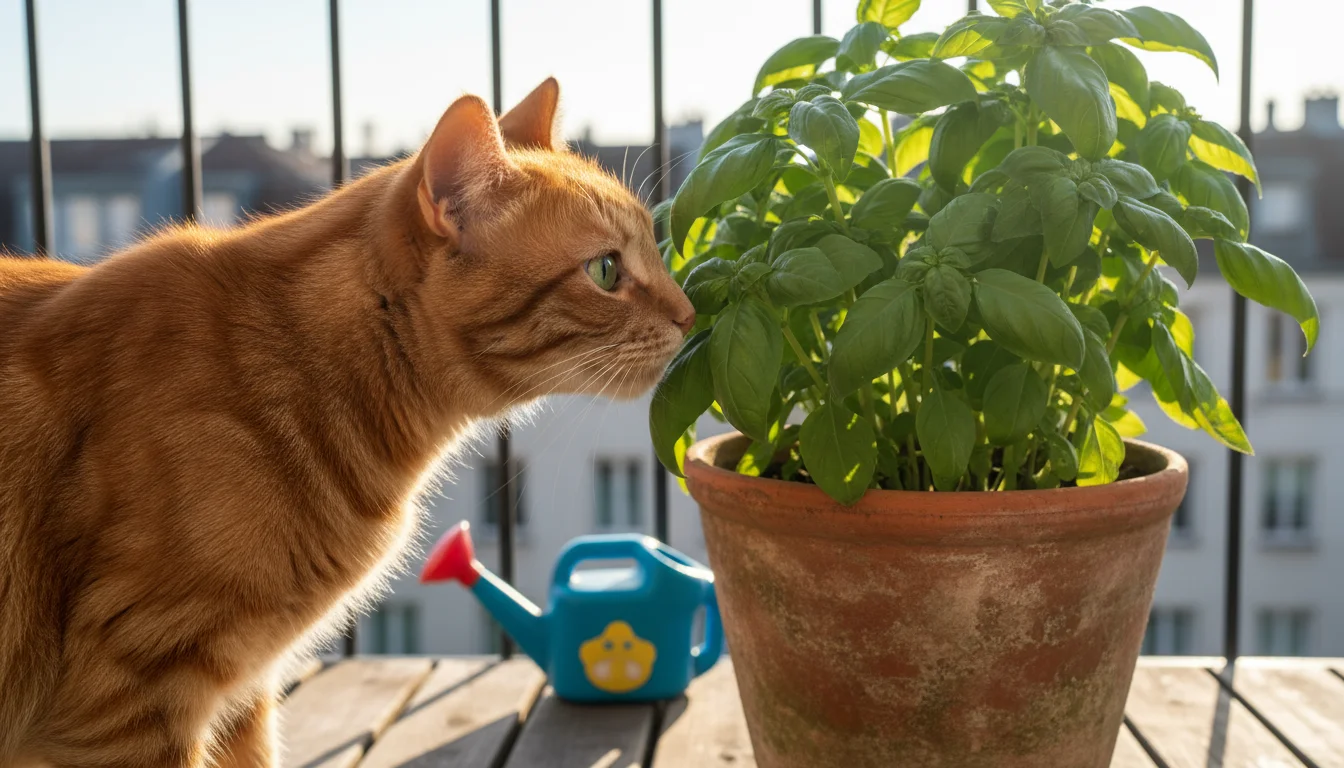 A fluffy ginger cat sniffing a basil plant in a terracotta pot on a bright urban balcony, with a child's watering can nearby.
